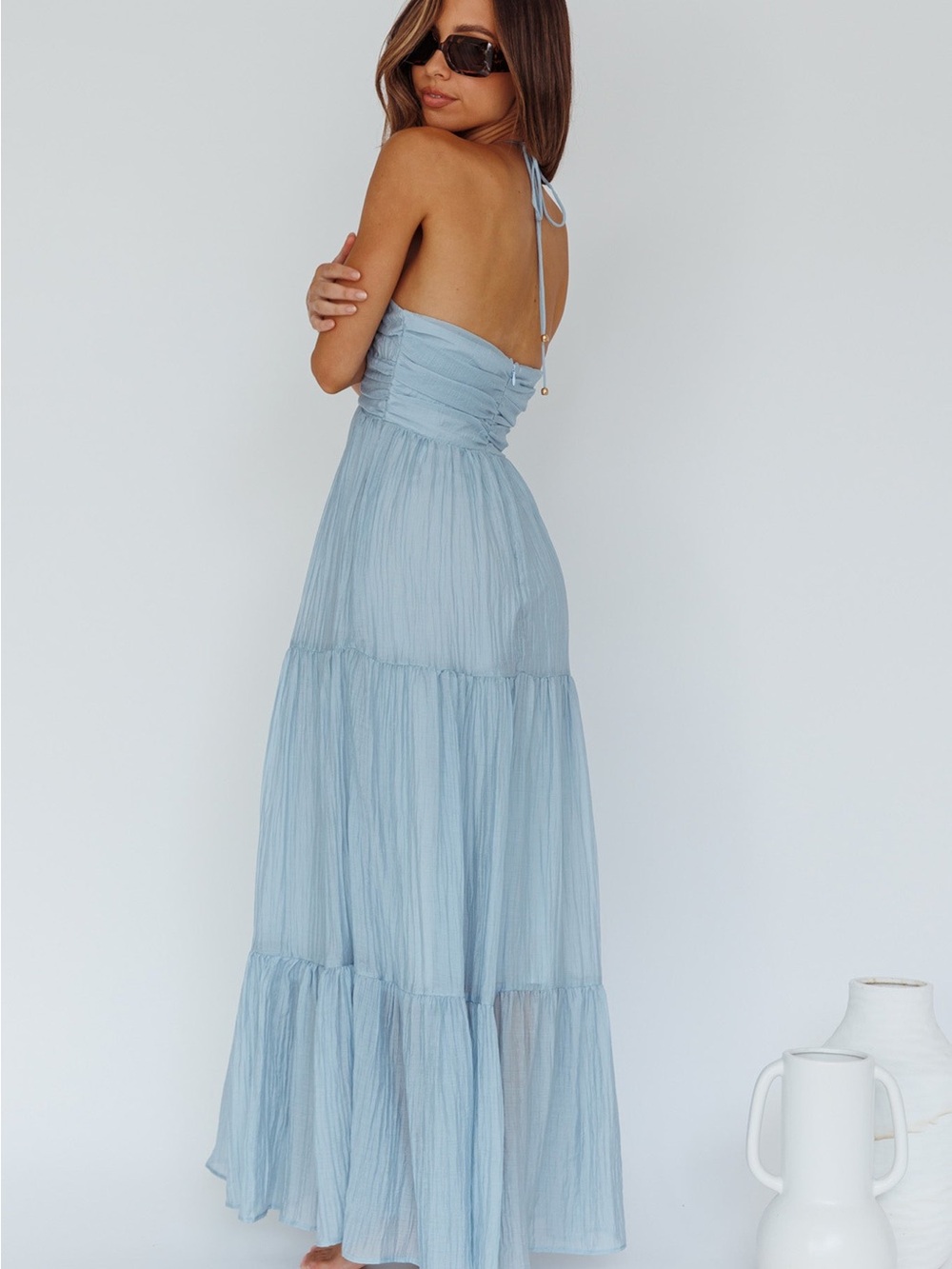 Selfie Leslie Light Blue Halter Tiered Maxi Dress Beach Flowy Spring Summer - Picture 4 of 9
